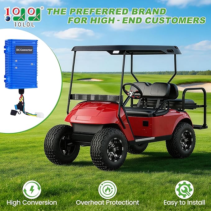 Universal Golf Cart Voltage Reducer DC Converter 36V or 48V to 12V 30 A 360W for EZGO Club Car Yamaha Golf Carts, with Power Cables