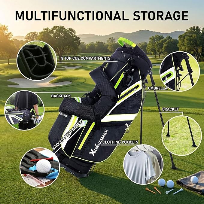 XDriveMax Golf Stand Bag with Accessory Pack, Lightweight 8-Way Top Dividers Golf Bag with Stand, Includes Insulated Cooler Pocket, Dual Strap & Rain Cover