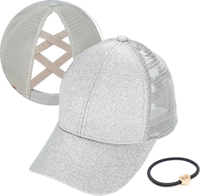 C.C Ponycap Messy High Bun Ponytail Adjustable Glitter Mesh Trucker Baseball Cap