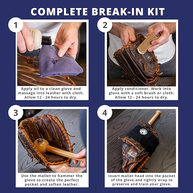 Rhino Wax - Baseball Glove Ultimate Break-in Kit - Includes Premium Oil for Ball Gloves, Mitt Conditioner, Hardwood Mallet, Wrap, Brush, and Microfiber Cloth - This is How to Break in a Glove Fast