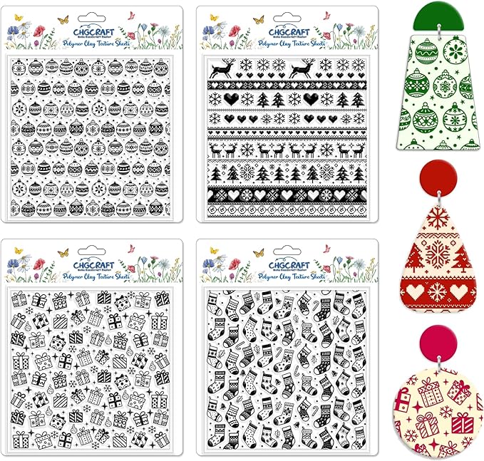 CHGCRAFT 4 Pcs Christmas Polymer Clay Texture Sheets Knitted Patterns Silicone by chgcraft