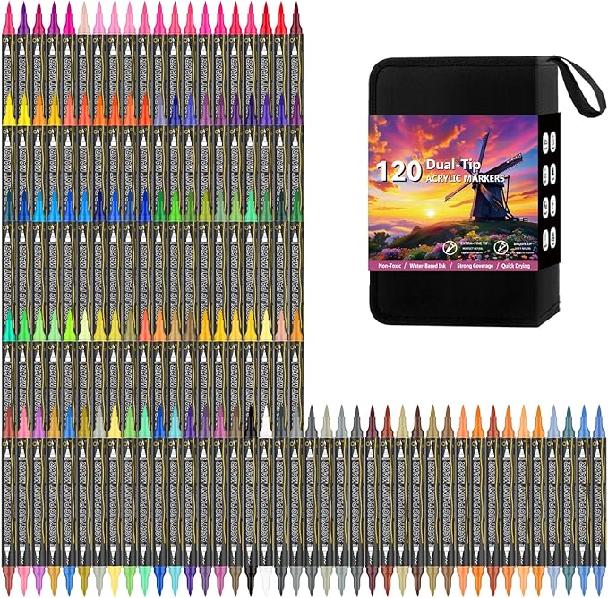 120 Colors Dual Tip Acrylic Paint Markers，Waterproof, Odorless Acrylic Markers by AcrylicAura