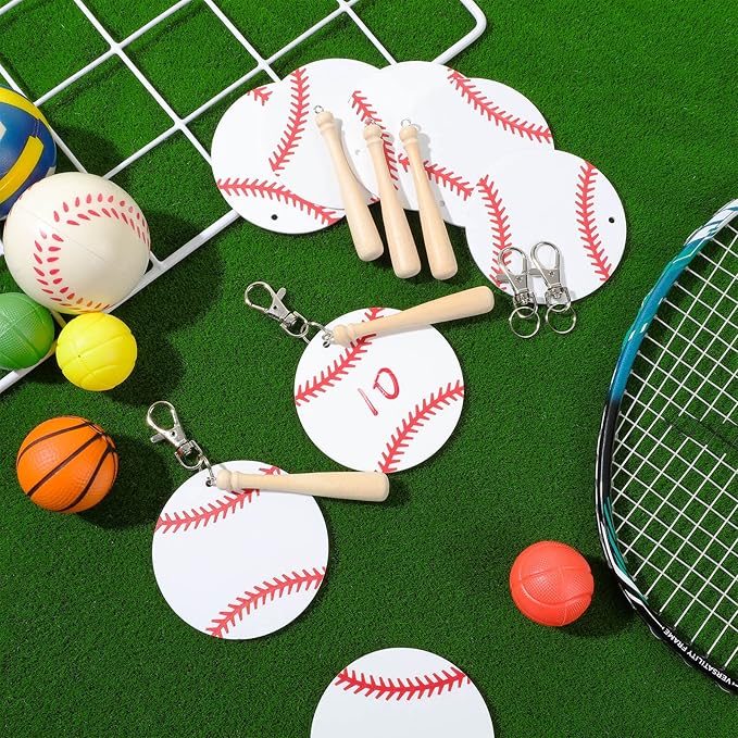 Cunno 36 Pcs Basketball Baseball Softball Tennis Acrylic Keychain Blank Kit 12 Acrylic Keyring 12 Swivel Snap Hook Keychain(White Baseball, 3 Inch)