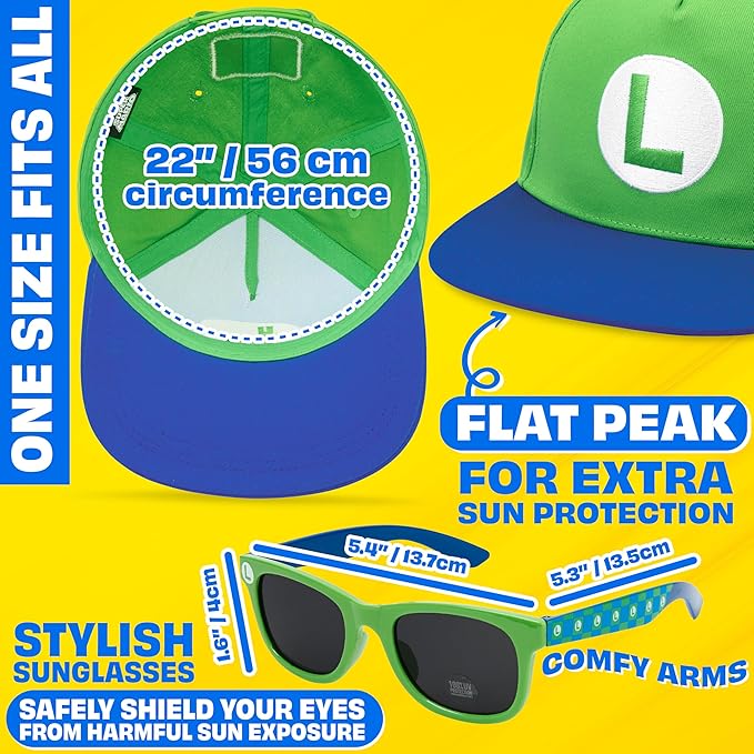 Spongebob | Minecraft | Fortnite | Super Mario | Kids Baseball Cap & Sunglasses with UV Protection, Gifts for Boys