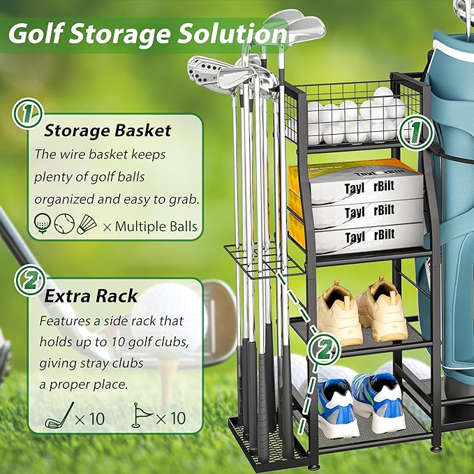 Golf Bag Stand for Golf Bag Accessories, Golf Bag Storage Organizer Fits 3 Bags for Garage Organization, Golf Organizer with Extra Storage Rack for Golf Clubs & Golf Essentials, Golf Gifts for Men