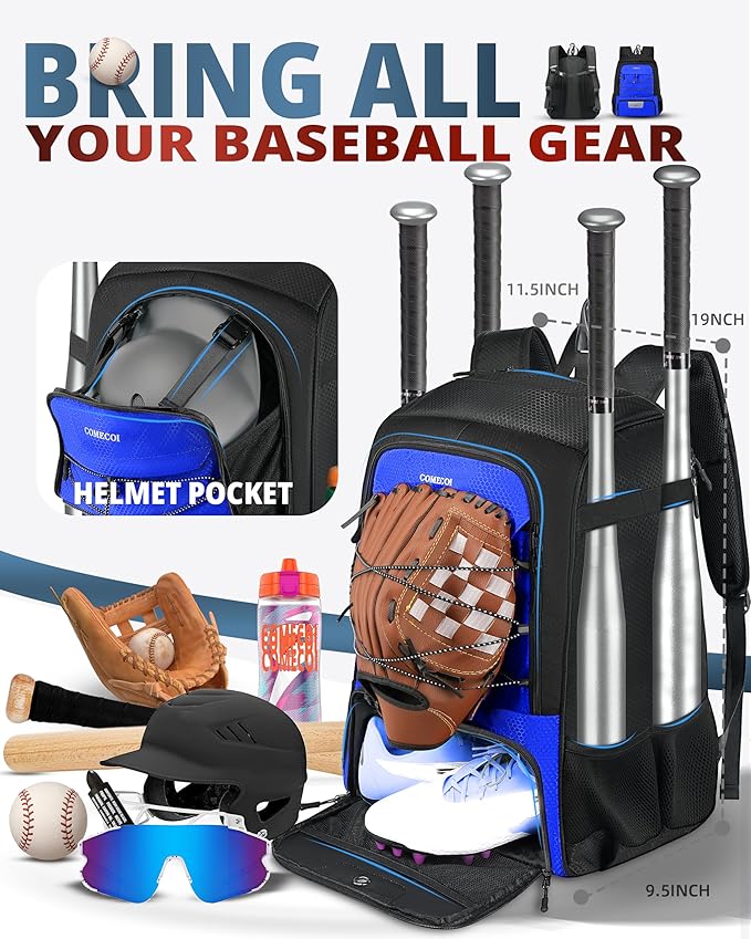 COMECOI Baseball Bag, Baseball Backpack with Helmet Shoes Bag for Youth, Adult, Lightweight Softball Bag with Fence Hook Hold TBall Bat, Baseball Glove, Helmet, Caps, All Gear