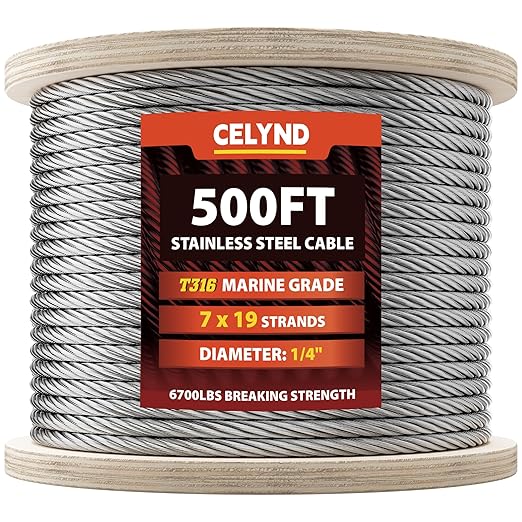 Stainless Steel Cable for Railing - 500FT 1/4" T316 Wire Rope - 7 x 19 Strands by CELYND