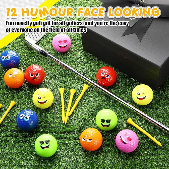 MiniInflat 19 Pcs Funny Golf Balls Set for Kids Adults Includes 12 Emoticon Practice Balls 6 Tees and Gift Box Novelty Golf Accessories for Men Women Birthday