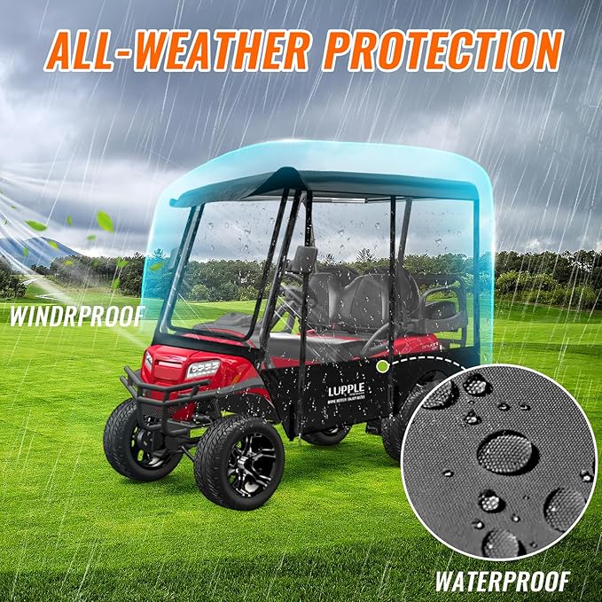 Golf Cart Enclosure 4 Passenger Extended Roof for EZGO/Club Car/Yamaha/ICON, Fits 2+2 Seater Model, 600D Waterproof Rain Cover with Clear PVC Windows and 4-Sided Roll-Up Zipper Doors