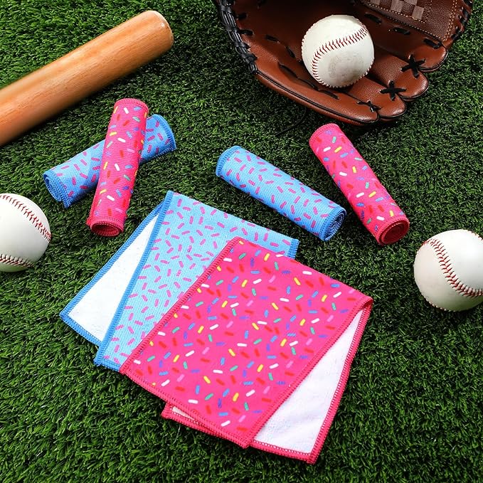 Tegeme 6 Pcs Baseball Drip Towels Donut Baseball Pocket Towels 5 x 15 Inch Ice Cream Drip Microfiber Sport Rags Absorbent Wipes for Players Coaches Blue Pink Set Training Workout Games Gift