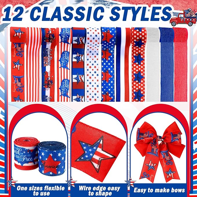 12 Rolls 60 Yards 4th of July Patriotic Ribbon Stars and Stripes Burlap Wired - Image 4