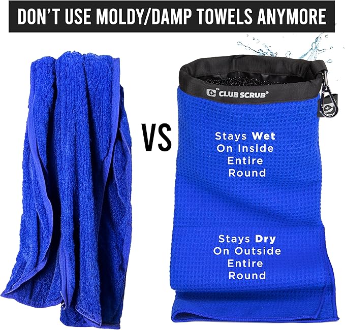 Club Scrub Towel Pro, Golf Club and Ball Cleaning Pouch with Attached Towel, Waterproof Exterior, Clean Face Technology Liner, Machine Washable, Cleans Club Grooves, Waffle-Weave Microfiber