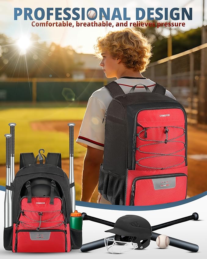 COMECOI Baseball Bag, Baseball Backpack with Helmet Shoes Bag for Youth, Adult, Lightweight Softball Bag with Fence Hook Hold TBall Bat, Baseball Glove, Helmet, Caps, All Gear