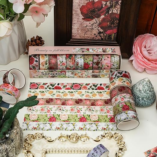 10 Rolls Blooming Flowers Washi Tape Set Floral Arts Adhesive Tapes Colorful - Image 3