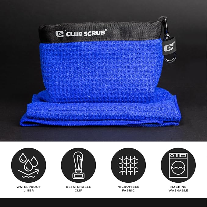 Club Scrub Towel Pro, Golf Club and Ball Cleaning Pouch with Attached Towel, Waterproof Exterior, Clean Face Technology Liner, Machine Washable, Cleans Club Grooves, Waffle-Weave Microfiber