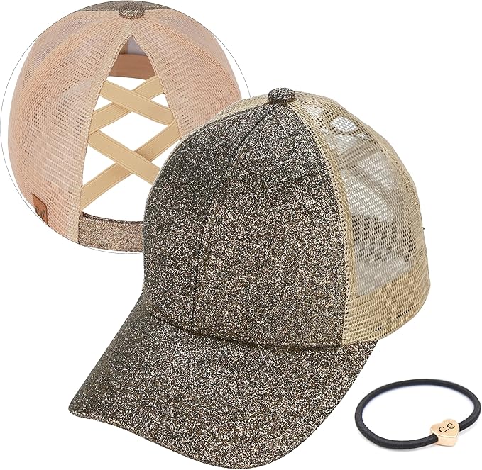 C.C Ponycap Messy High Bun Ponytail Adjustable Glitter Mesh Trucker Baseball Cap