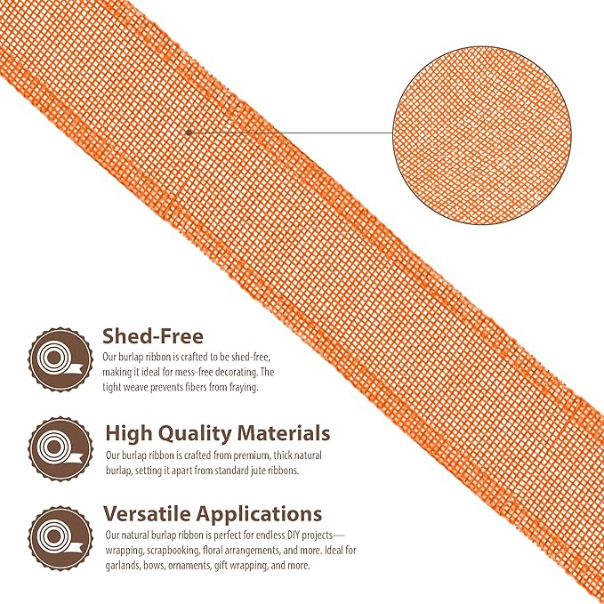 Mandala Crafts Orange Burlap Wired Ribbon 2 Inches Wide Jute Ribbons - Image 3