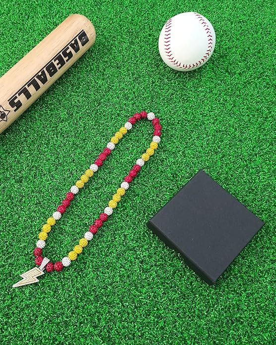 Baseball Necklace for Men 16/18/20 Inch Bling Ice Collection Lightning Bolt Pendant Necklace for Women Rhinestone Clay Beaded Discoball Accessories Gifts for Baseball Team Players Lovers