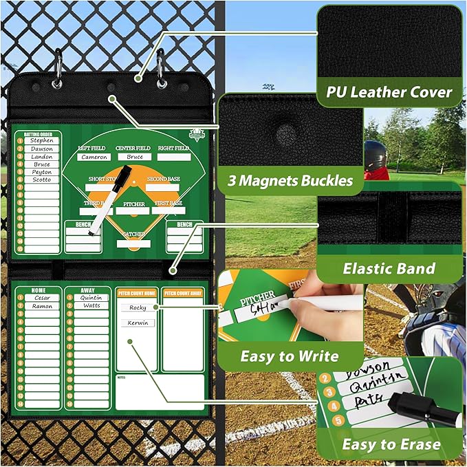 Magnetic Baseball Lineup Board - Collapsible Professional Softball & Baseball Coach Clipboard for Dugout, Leather Cover, 40 Lineup Cards, Markers & Eraser, Tactical Planning for Training & Games
