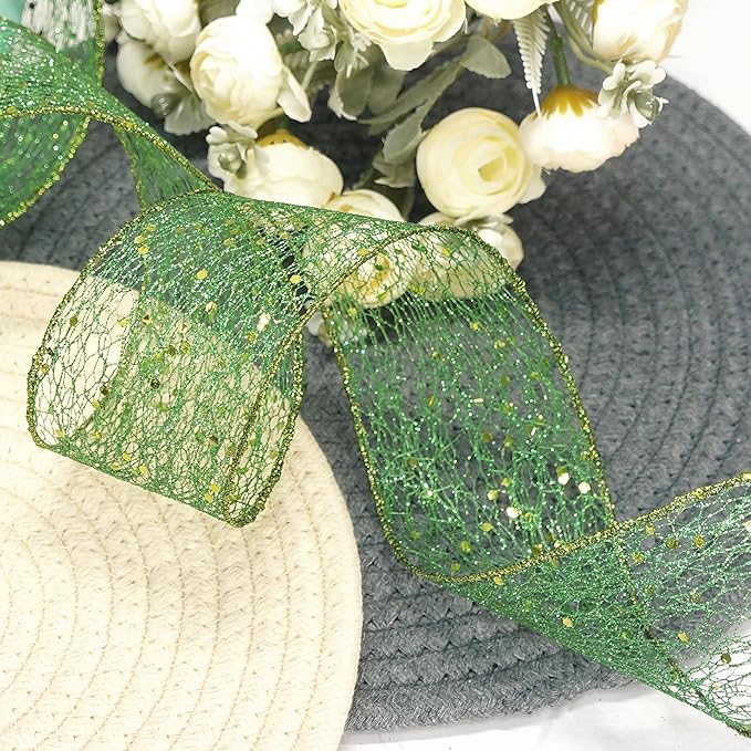CT CRAFT LLC Sparkling Glitter Mesh Wired Ribbon 2.5" x 10 Yards Green - Image 6