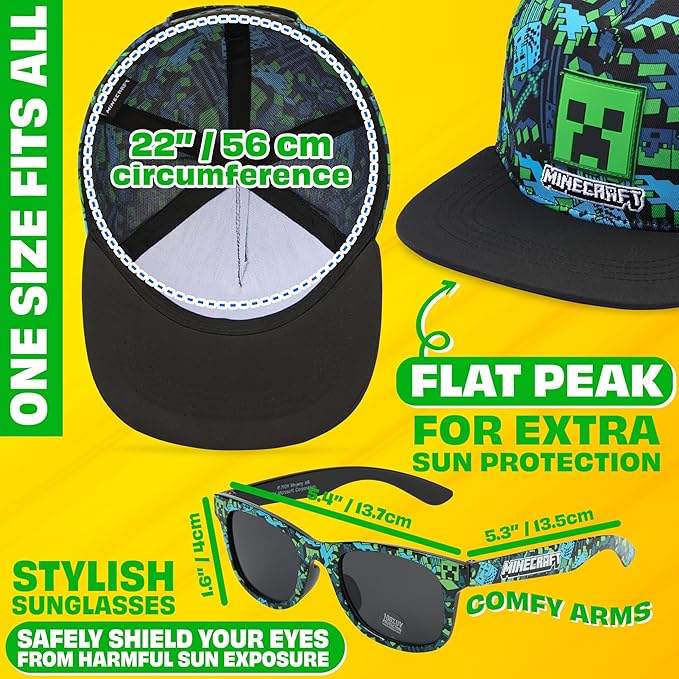 Spongebob | Minecraft | Fortnite | Super Mario | Kids Baseball Cap & Sunglasses with UV Protection, Gifts for Boys
