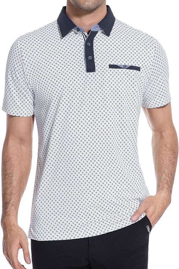 Esabel.C Men's Golf Polo Shirts Print Moisture Wicking Short Sleeve Dry Fit Stretch Polo Shirts for Men with Faux Pocket