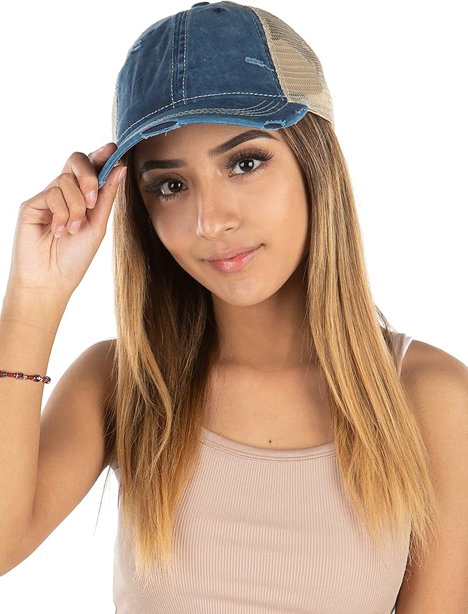 Funky Junque Trucker Hat for Women – Distressed Low Profile Western Camo Baseball Cap with Mesh, Trendy and Adjustable Fit