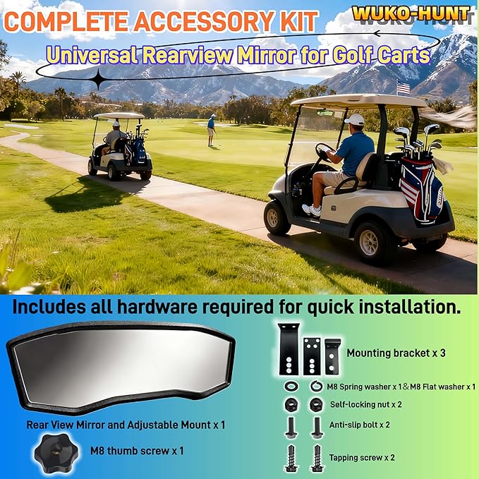 Golf Cart Rear View Mirror - Universal Racing Style Mirror with 3 Installation Kits & 360° Adjustable Ball Joint, Wide-Angle Clear HD Glass, Fits EZGO, Yamaha, Club Car, EPIC Golf Carts