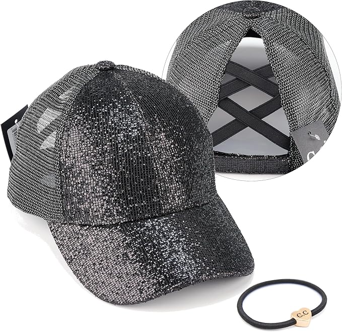 C.C Ponycap Messy High Bun Ponytail Adjustable Glitter Mesh Trucker Baseball Cap