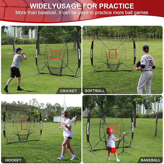 BaseGoal 7'×7' Baseball Softball Practice Net,Baseball Backstop,with Batting Tee,for Hitting Pitching Batting Catching with Bow Frame,Bonus Strike Zone