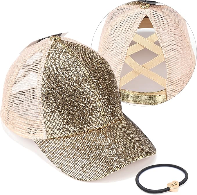 C.C Ponycap Messy High Bun Ponytail Adjustable Glitter Mesh Trucker Baseball Cap