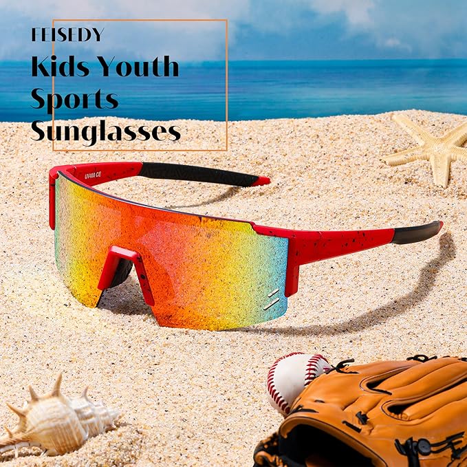 FEISEDY Kids Sunglasses Youth Baseball Sun Glasses, UV400 Sports Teens Cycling Shades for Boys Girls Age 8-16 B0048