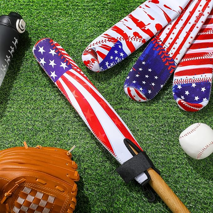 4 Pcs America Baseball Bat Sleeve 18 x 2.4 Inch Patriotic Lightweight Softball Bat Cover Sleeve Protector Warmer Essential Baseball Accessories with Hook for Adult
