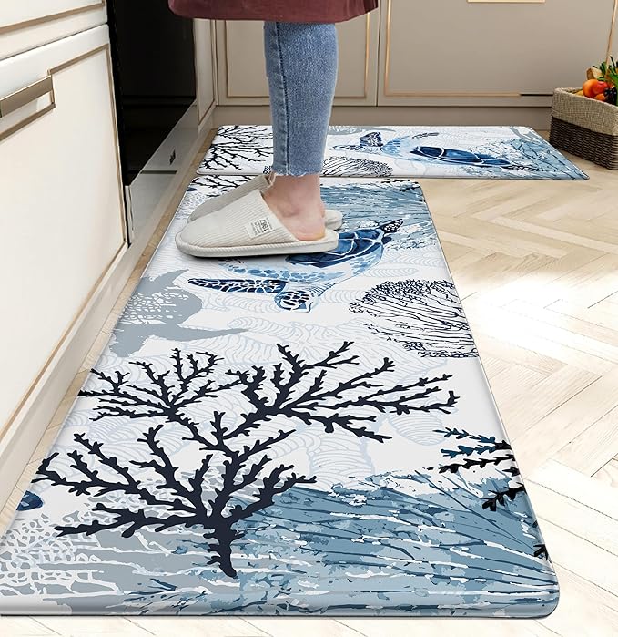 Coastal Beach Kitchen Floor Mat Rugs Nautical Decorative Coral Sea Turtle by weesire