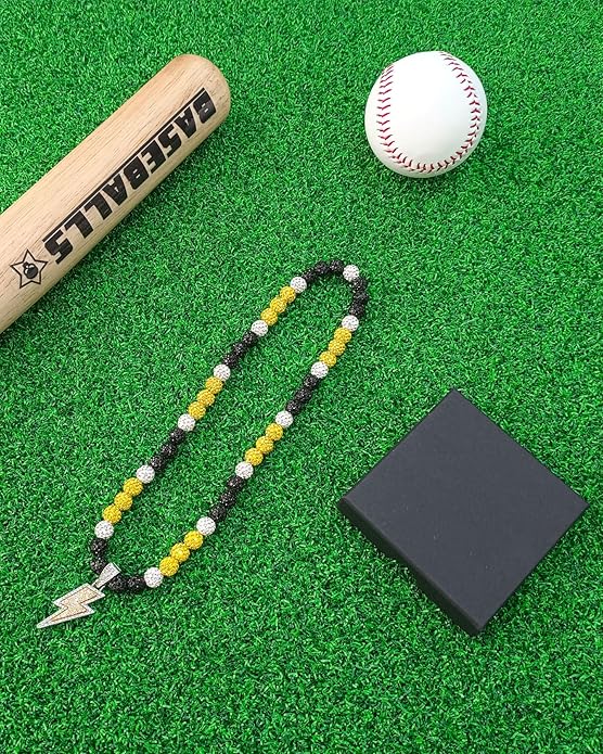 Baseball Necklace for Men 16/18/20 Inch Bling Ice Collection Lightning Bolt Pendant Necklace for Women Rhinestone Clay Beaded Discoball Accessories Gifts for Baseball Team Players Lovers