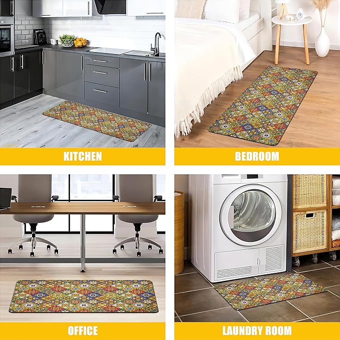 Boho Kitchen Rugs Set 2 Memory Foam Colorful Ceramic Comfort Tile Floor Mat - Image 6