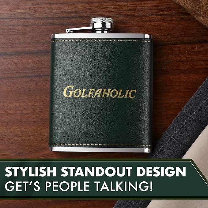 Shanker Golf - Hip Flask & Divot Tool Golf Gift Set - Golfaholic Hip Flask & 4-in-1 Divot Tool Set - Funny Golf Gifts for Men - Ball Marker, Groove Cleaner & Bottle Opener