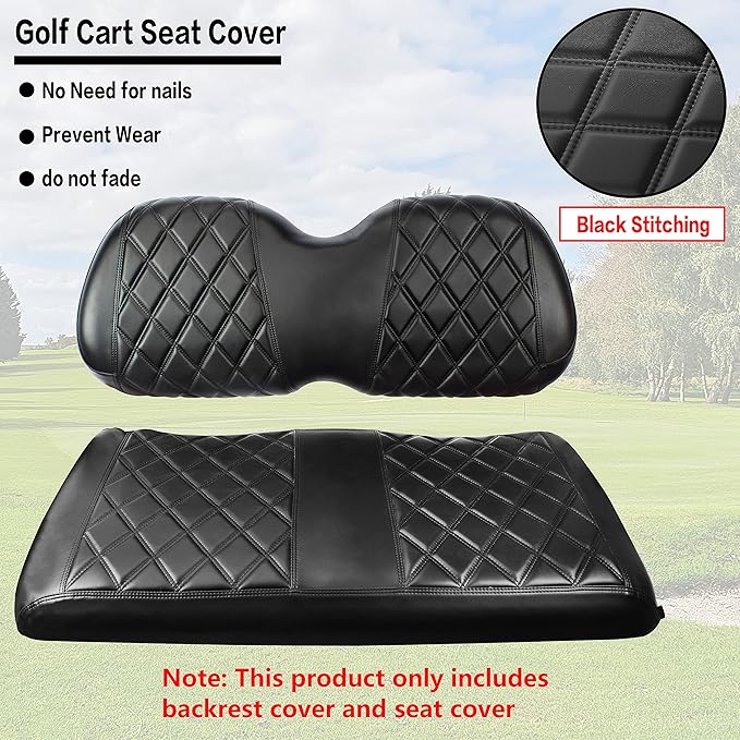NOKINS P Diamond Seat Cover for Golf Cart Club Car Precedent Original Regular Cushion, No Stapler Required, Golf Cart Vinyl Replacement Front Seat Cover Black Stitching