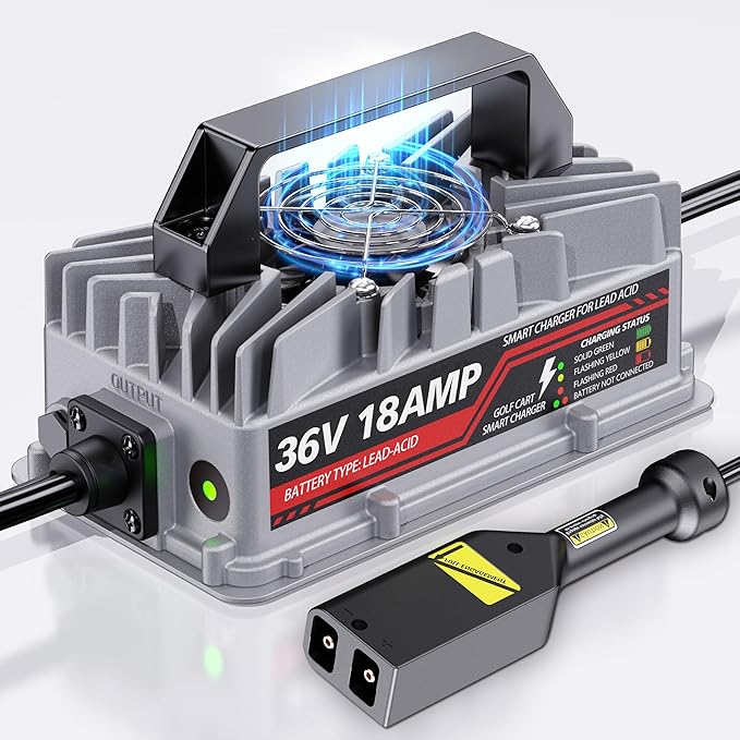 18 Amp 36 Volt Golf Cart Battery Charger for EZGO TXT - D-Style Plug, Smart Charger for Lead-Acid Batteries, IP67 Waterproof, Multi-Protection, Unique Design (Silver)