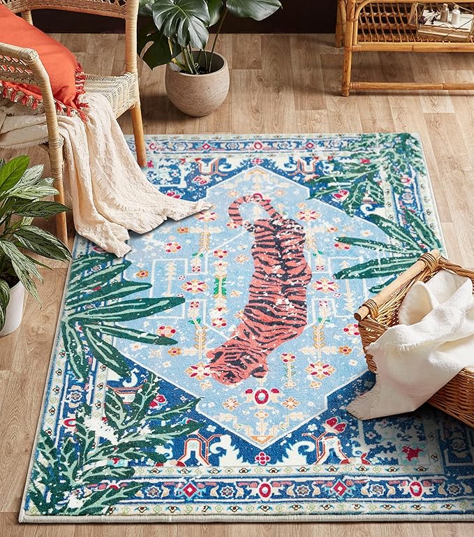 Washable Blue Rugs Thin Oriental Boho Vintage Tropical Jungle 6x9 Area Rugs by Aldopein