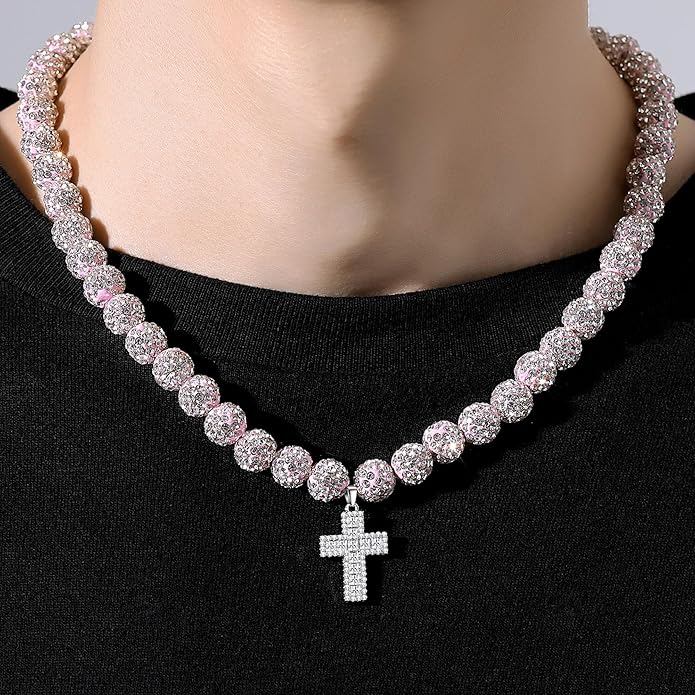 QINJIEJIE Baseball Necklace for Men Glitter Bling Rhinestone Beaded Collection Necklace for Women 16/18in Inspired Sports Jewelry Baseball Chain Cool Gifts for Baseball Players Team Lovers