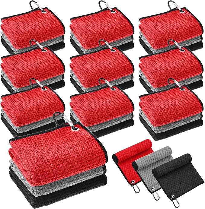 Batiyeer 30 Pcs Bulk Golf Towels for Golf Bags 16'' x 16'' Microfiber Fabric Golf Towel Waffle Pattern with Clip for Bags Men Mini Tournament Fitness Yoga Camping(Black, Gray, Red)