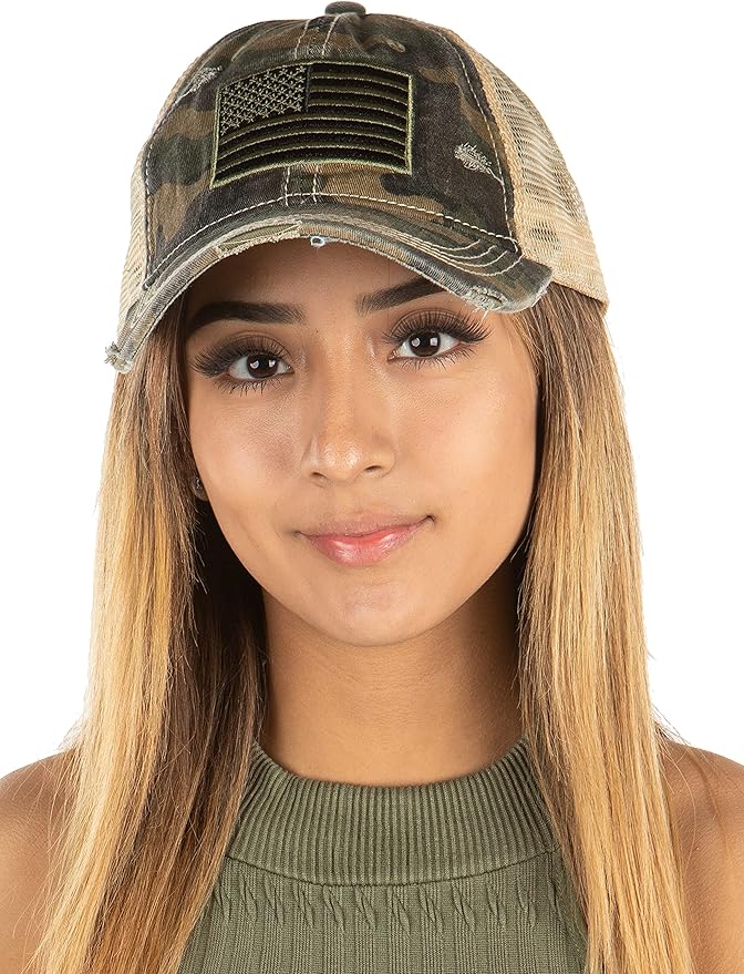 Funky Junque Trucker Hat for Women – Distressed Low Profile Western Camo Baseball Cap with Mesh, Trendy and Adjustable Fit