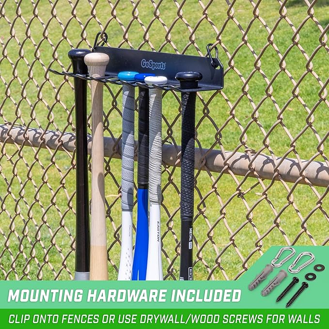 GoSports Baseball & Softball Bat Racks - Black or Red, Holds 16 Bats - Mount on Wall or Clip on Dugout Fence