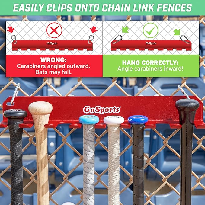 GoSports Baseball & Softball Bat Racks - Black or Red, Holds 16 Bats - Mount on Wall or Clip on Dugout Fence