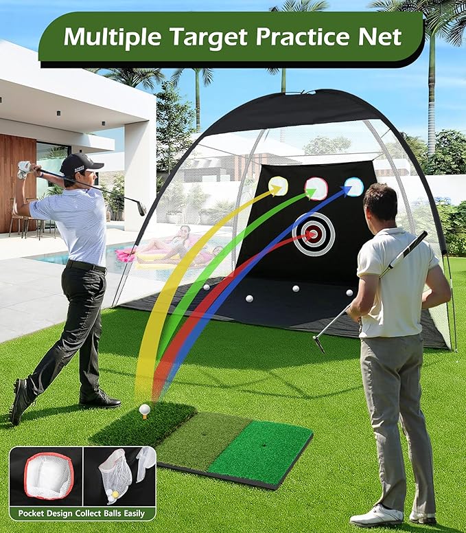 Golf Net, 10x7FT Home Golf Hitting Aids Equipment with Foldable Tri-Turf Mat for Backyard Driving Chipping Swing with Training Target/Balls/Tee for Outdoor Indoor, Gifts for Men Him Dad Golfers