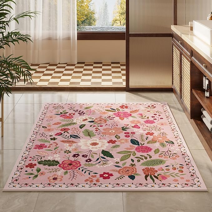 Rugcomf Area Rug 4x6 Rug Washable Boho Rugs Non Slip Low Pile Floral Small - Image 7