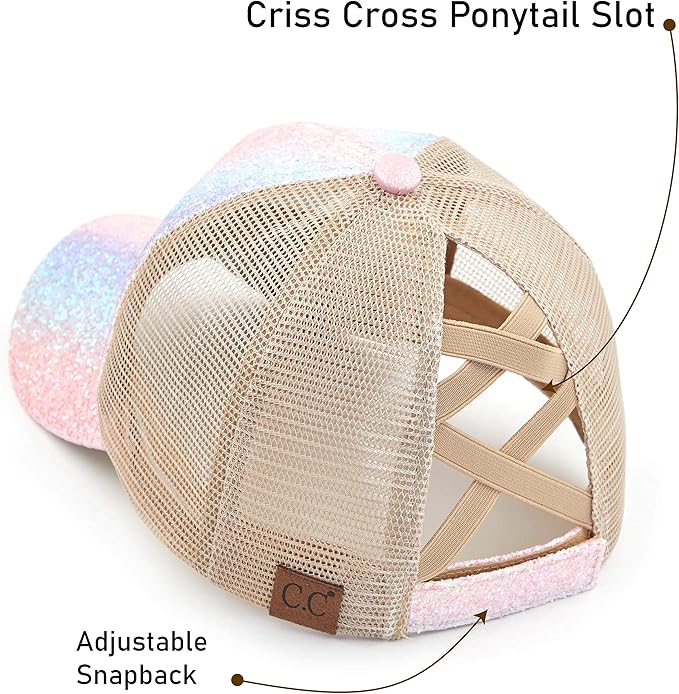 C.C Ponycap Messy High Bun Ponytail Adjustable Glitter Mesh Trucker Baseball Cap