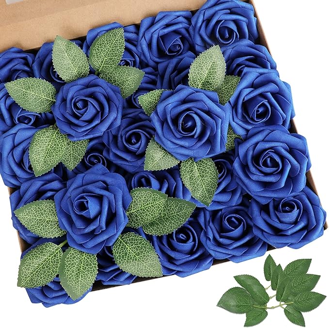 AmyHomie Artificial Flower Royal Blue Rose 25pcs Real Looking Fake Roses w/Stem by AmyHomie
