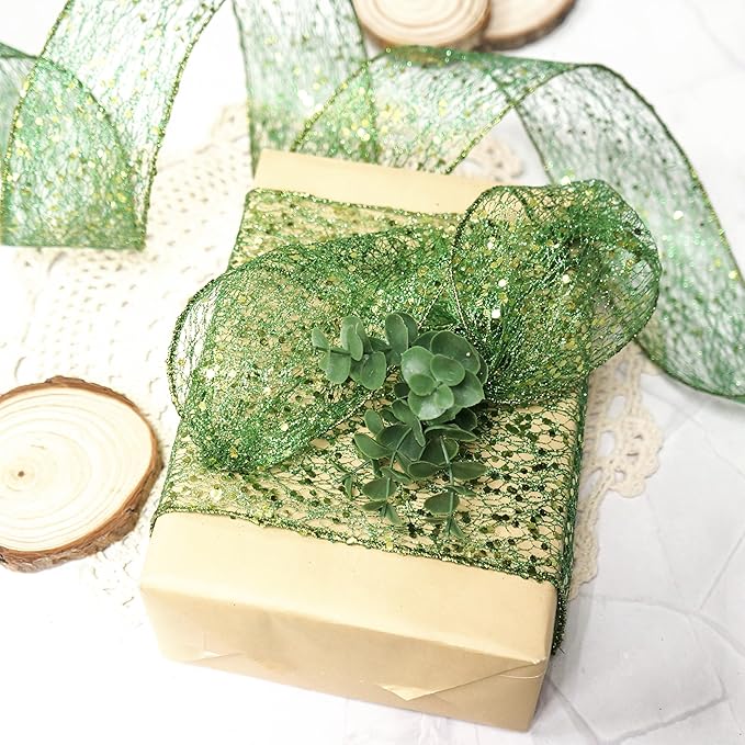 CT CRAFT LLC Sparkling Glitter Mesh Wired Ribbon 2.5" x 10 Yards Green - Image 5